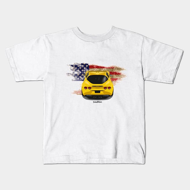 Yellow Corvette C6 & Amercan Flag Kids T-Shirt by mufflebox